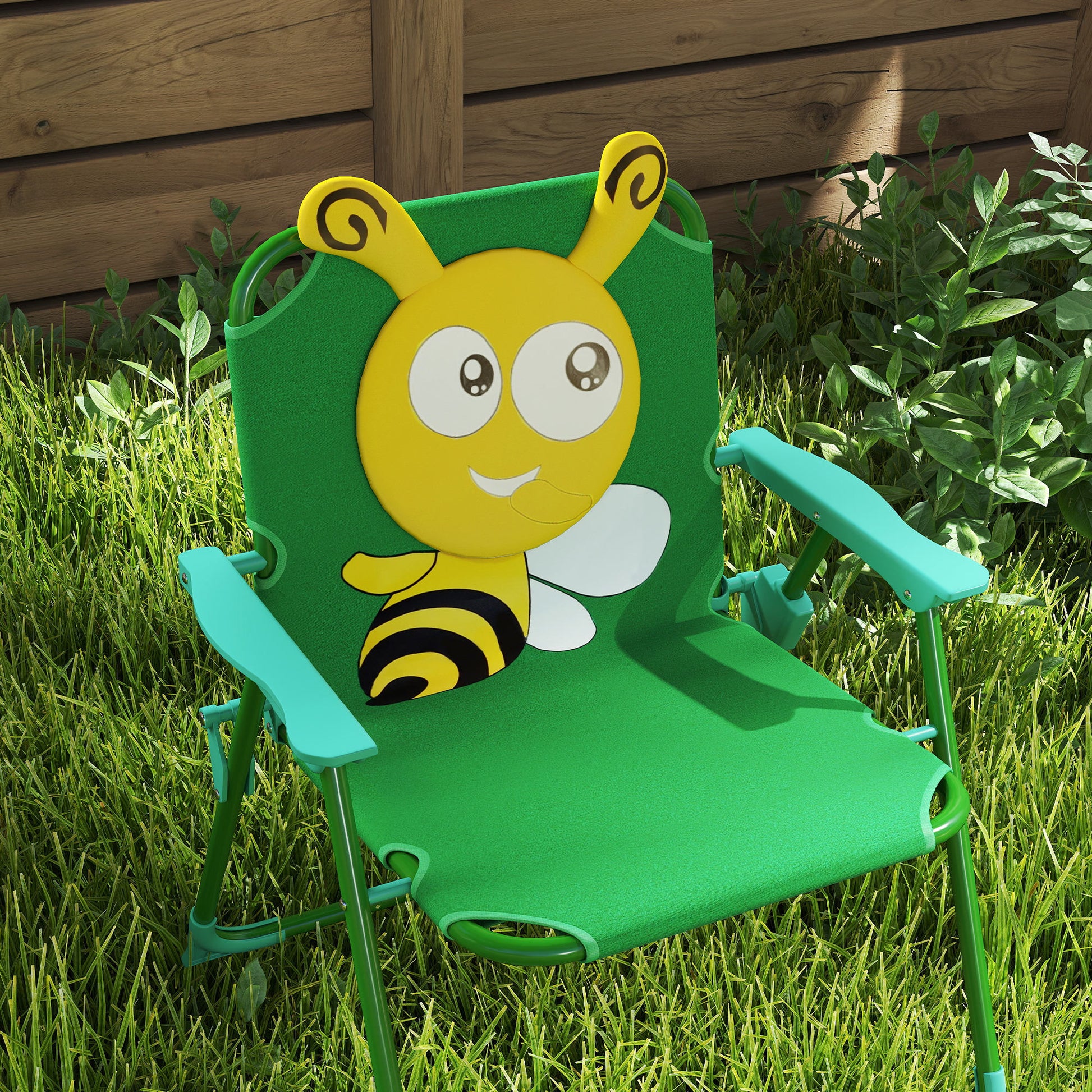 4-Piece Children's Seating Group Garden Children's Furniture Set with 2 Folding Chairs, Adjustable Sun Umbrella, Garden Table, Bee Pattern for 2-5 Years Children, Green
