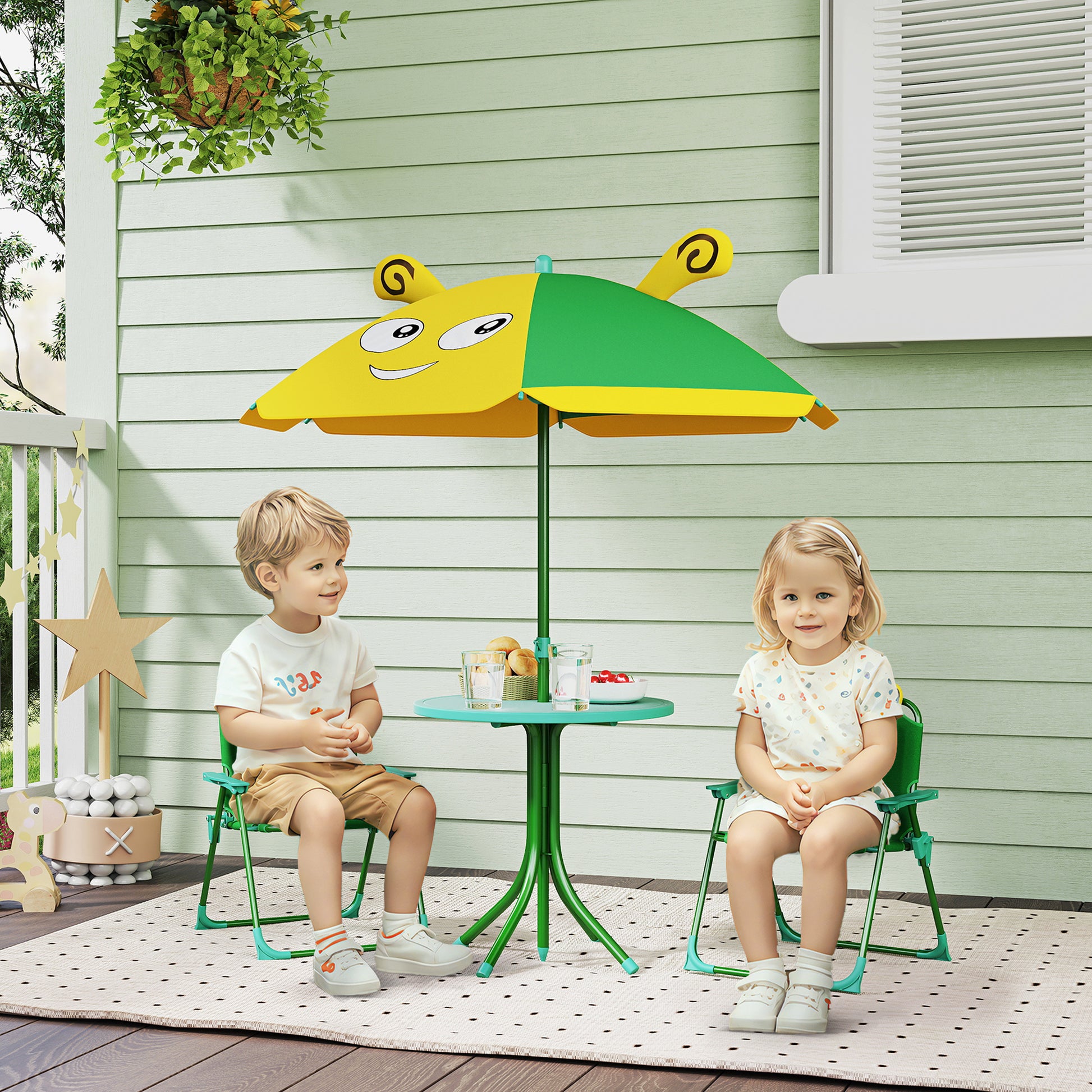 4-Piece Children's Seating Group Garden Children's Furniture Set with 2 Folding Chairs, Adjustable Sun Umbrella, Garden Table, Bee Pattern for 2-5 Years Children, Green
