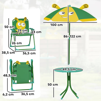 4-Piece Children's Seating Group Garden Children's Furniture Set with 2 Folding Chairs, Adjustable Sun Umbrella, Garden Table, Bee Pattern for 2-5 Years Children, Green
