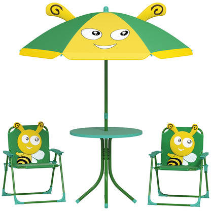 4-Piece Children's Seating Group Garden Children's Furniture Set with 2 Folding Chairs, Adjustable Sun Umbrella, Garden Table, Bee Pattern for 2-5 Years Children, Green