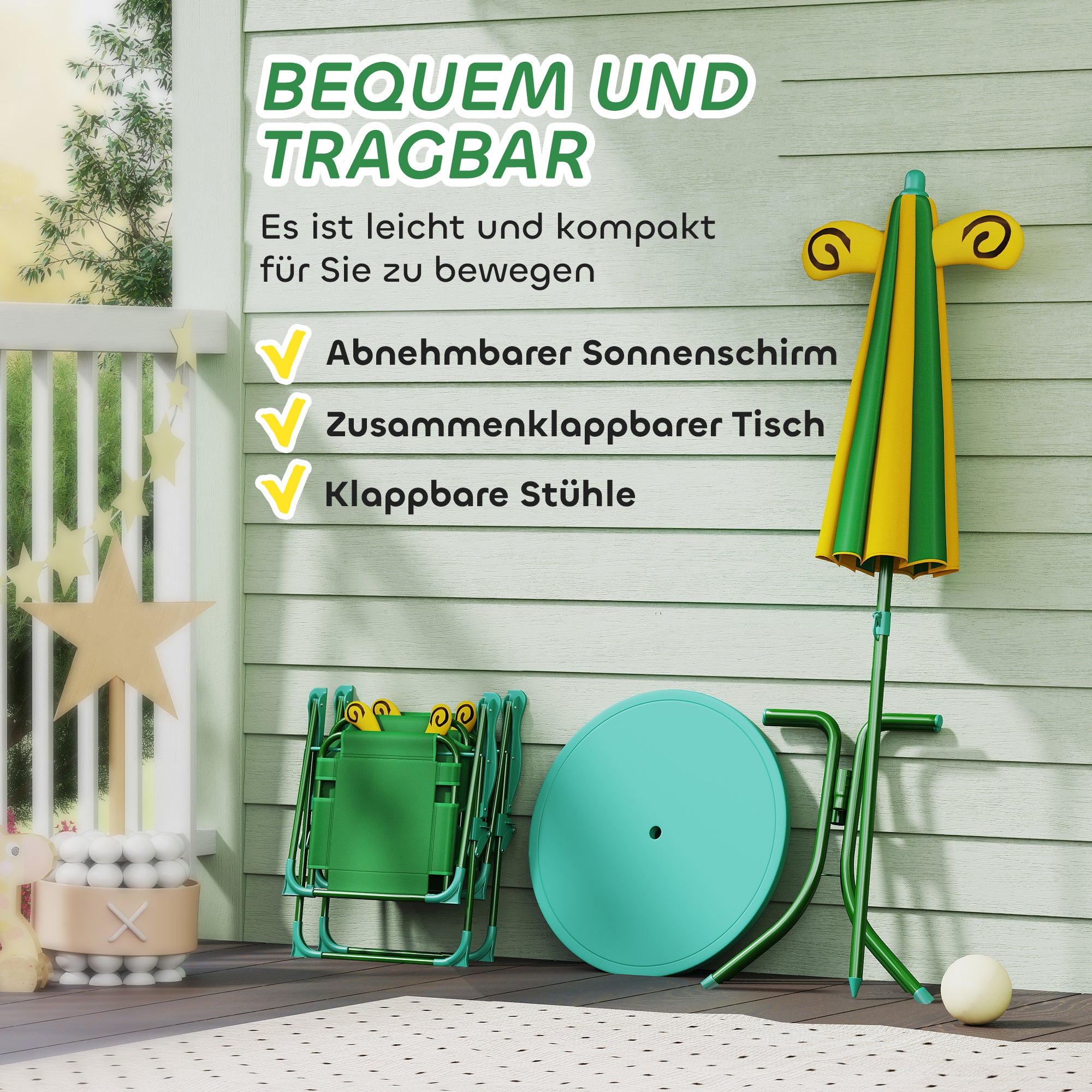 4-Piece Children's Seating Group Garden Children's Furniture Set with 2 Folding Chairs, Adjustable Sun Umbrella, Garden Table, Bee Pattern for 2-5 Years Children, Green