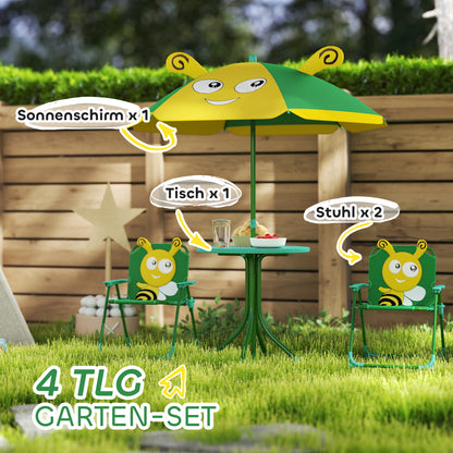 4-Piece Children's Seating Group Garden Children's Furniture Set with 2 Folding Chairs, Adjustable Sun Umbrella, Garden Table, Bee Pattern for 2-5 Years Children, Green