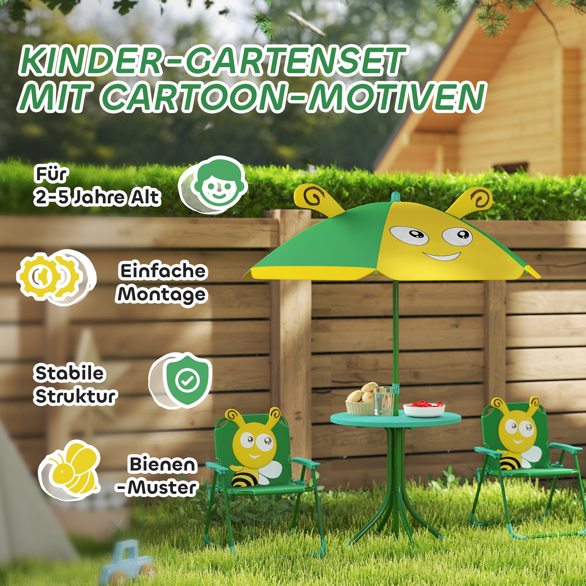 4-Piece Children's Seating Group Garden Children's Furniture Set with 2 Folding Chairs, Adjustable Sun Umbrella, Garden Table, Bee Pattern for 2-5 Years Children, Green