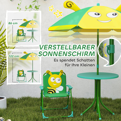 4-Piece Children's Seating Group Garden Children's Furniture Set with 2 Folding Chairs, Adjustable Sun Umbrella, Garden Table, Bee Pattern for 2-5 Years Children, Green