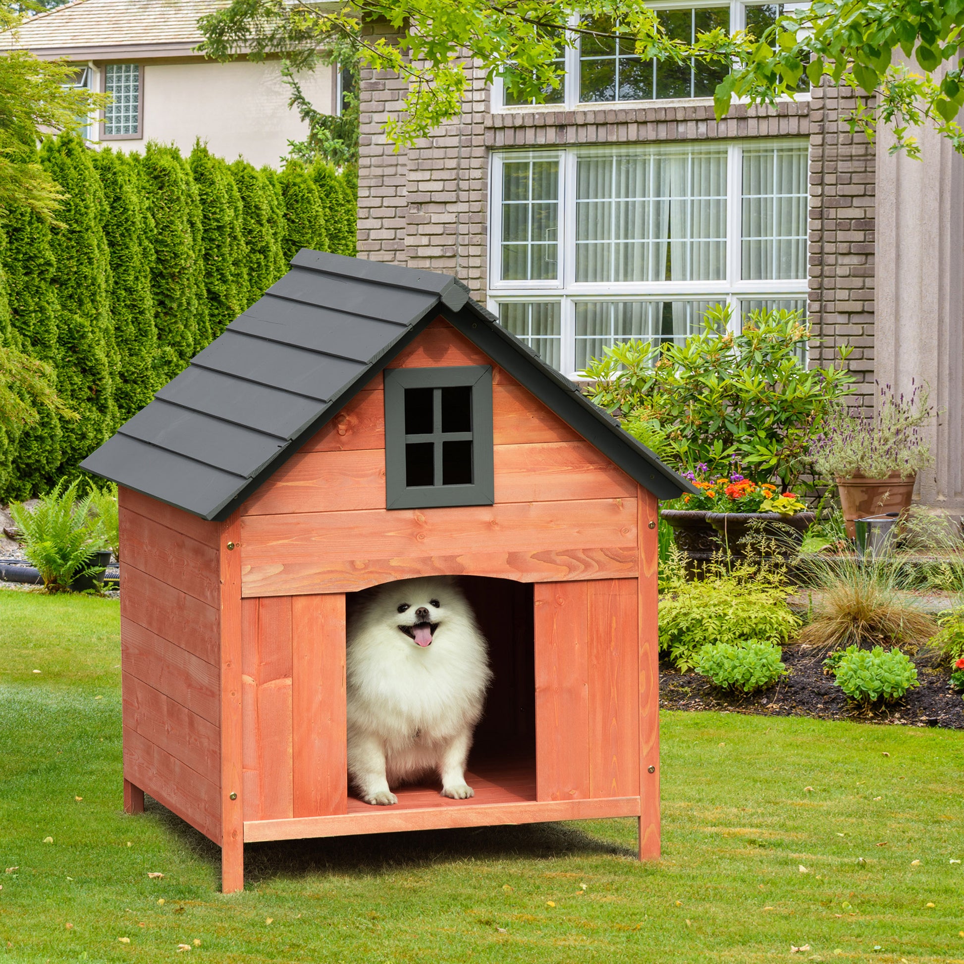 Raised Kennel for Dogs up to 15 kg, Kennel for Cats Dogs Outdoor in Fir Wood, 81.3x91.5x98.5 cm