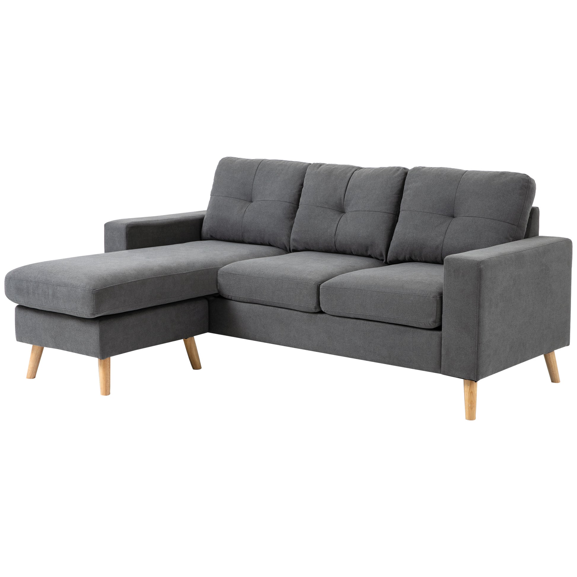 L-Shaped Fabric Sofa, Linen-Style Couch Set with Chaise Longue for 3 People, Corner Couch for Living Room, Dark Gray, 193 x 136 x 85 cm