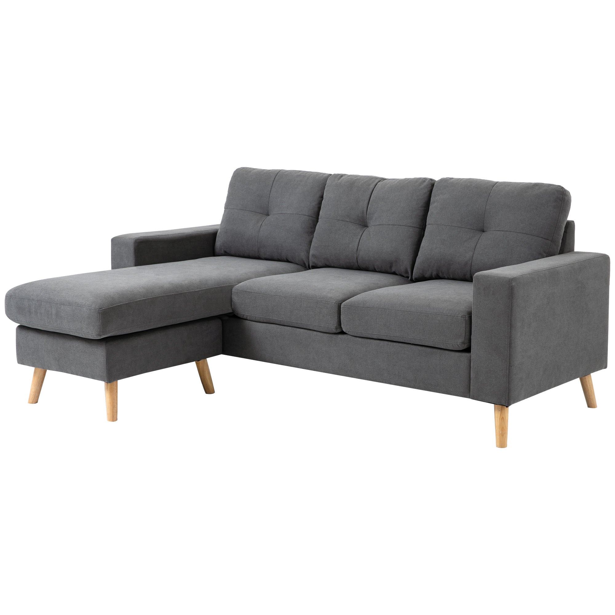 L-Shaped Fabric Sofa, Linen-Style Couch Set with Chaise Longue for 3 People, Corner Couch for Living Room, Dark Gray, 193 x 136 x 85 cm