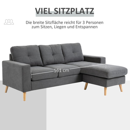 L-Shaped Fabric Sofa, Linen-Style Couch Set with Chaise Longue for 3 People, Corner Couch for Living Room, Dark Gray, 193 x 136 x 85 cm