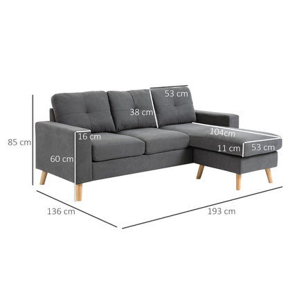 L-Shaped Fabric Sofa, Linen-Style Couch Set with Chaise Longue for 3 People, Corner Couch for Living Room, Dark Gray, 193 x 136 x 85 cm