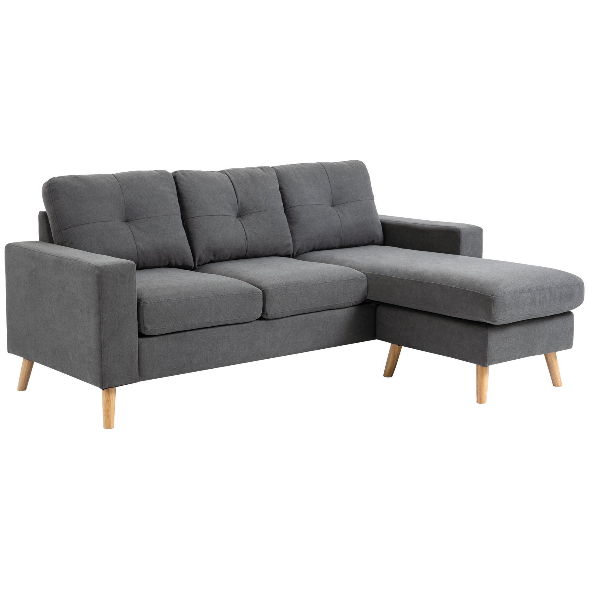 L-Shaped Fabric Sofa, Linen-Style Couch Set with Chaise Longue for 3 People, Corner Couch for Living Room, Dark Gray, 193 x 136 x 85 cm