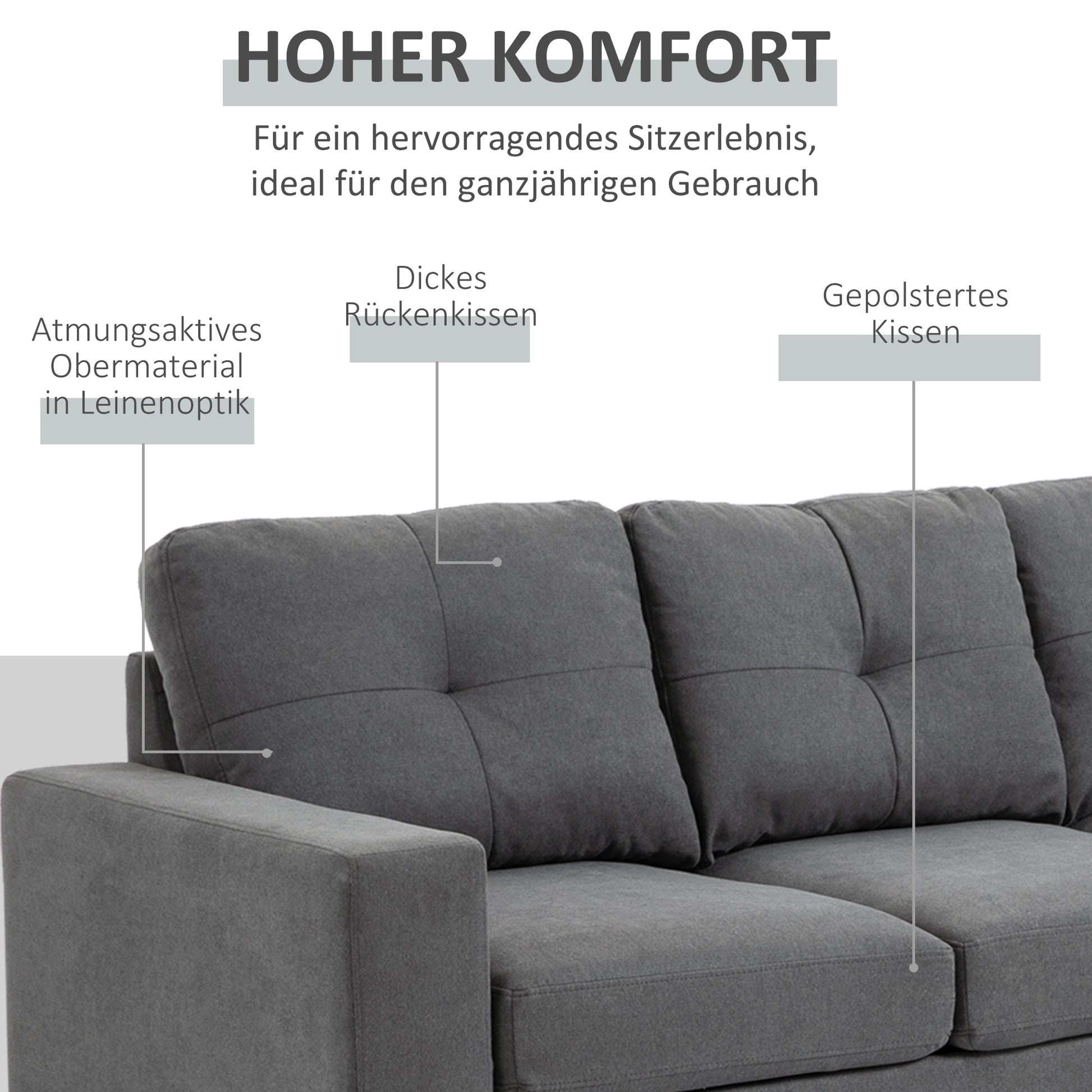 L-Shaped Fabric Sofa, Linen-Style Couch Set with Chaise Longue for 3 People, Corner Couch for Living Room, Dark Gray, 193 x 136 x 85 cm