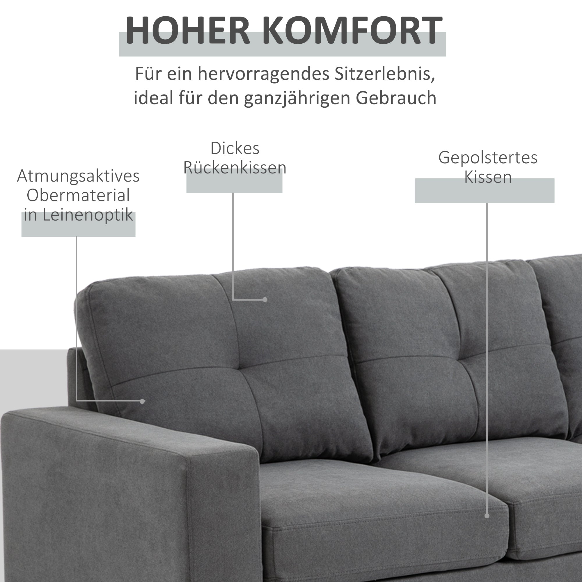 L-Shaped Fabric Sofa, Linen-Style Couch Set with Chaise Longue for 3 People, Corner Couch for Living Room, Dark Gray, 193 x 136 x 85 cm