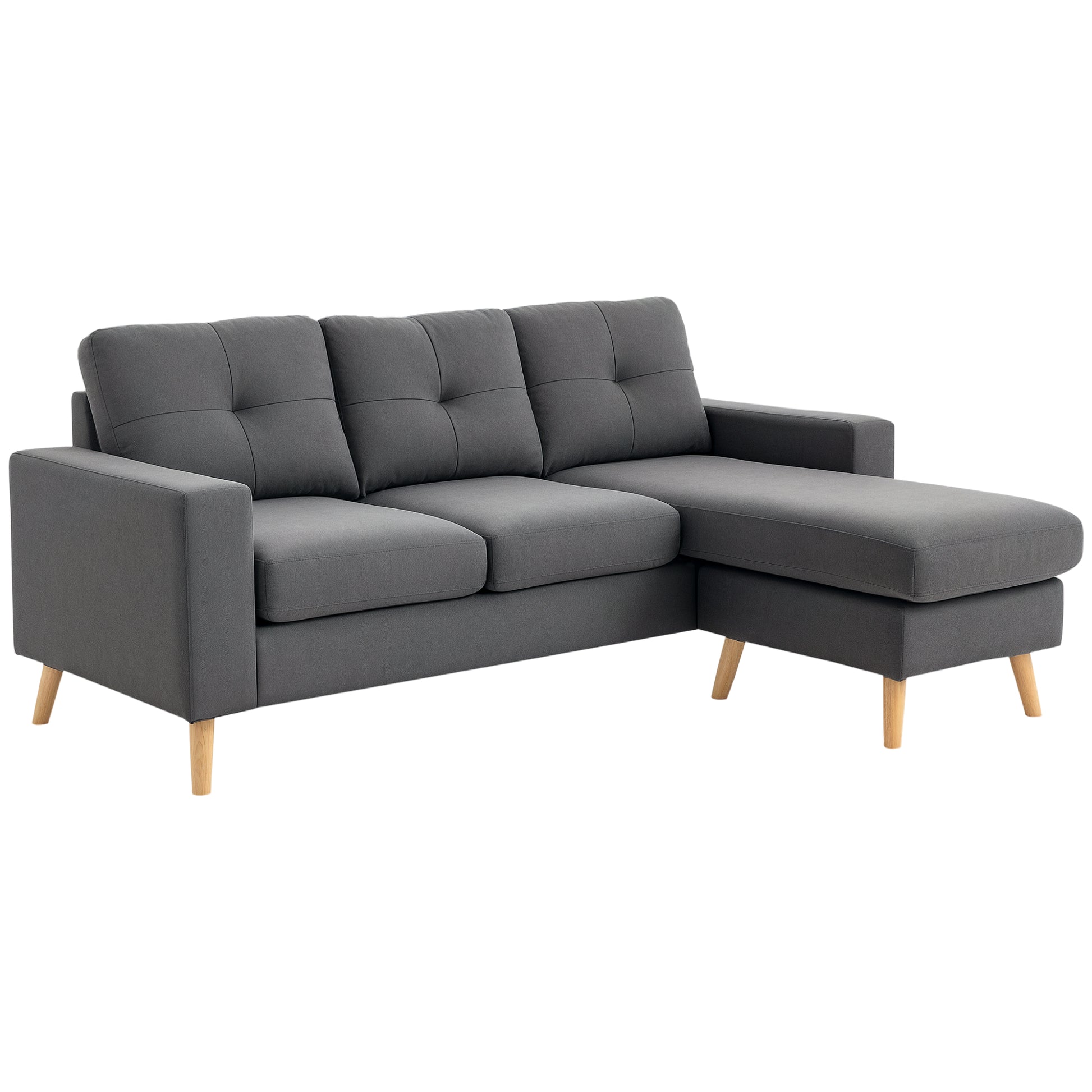 L-Shaped Fabric Sofa, Linen-Style Couch Set with Chaise Longue for 3 People, Corner Couch for Living Room, Dark Gray, 193 x 136 x 85 cm