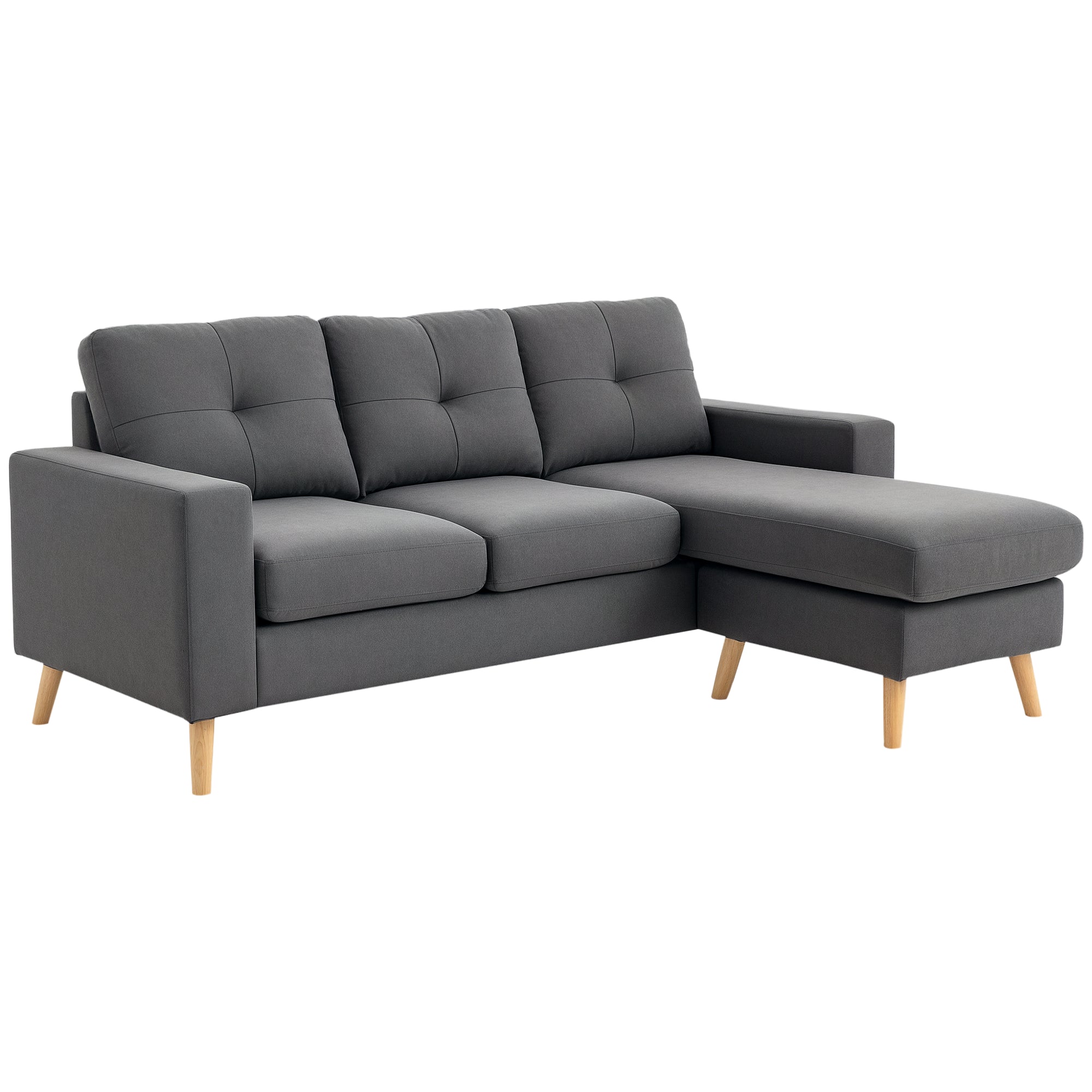 L-Shaped Fabric Sofa, Linen-Style Couch Set with Chaise Longue for 3 People, Corner Couch for Living Room, Dark Gray, 193 x 136 x 85 cm