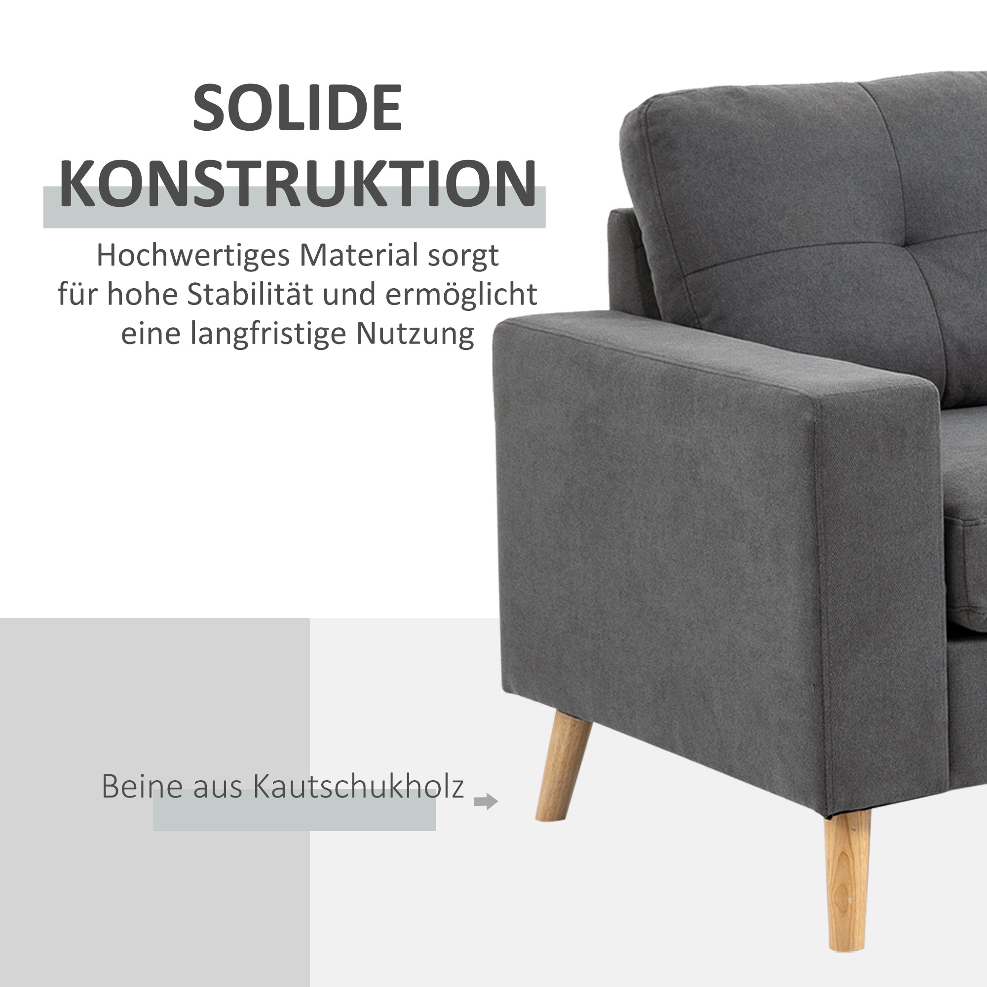 L-Shaped Fabric Sofa, Linen-Style Couch Set with Chaise Longue for 3 People, Corner Couch for Living Room, Dark Gray, 193 x 136 x 85 cm