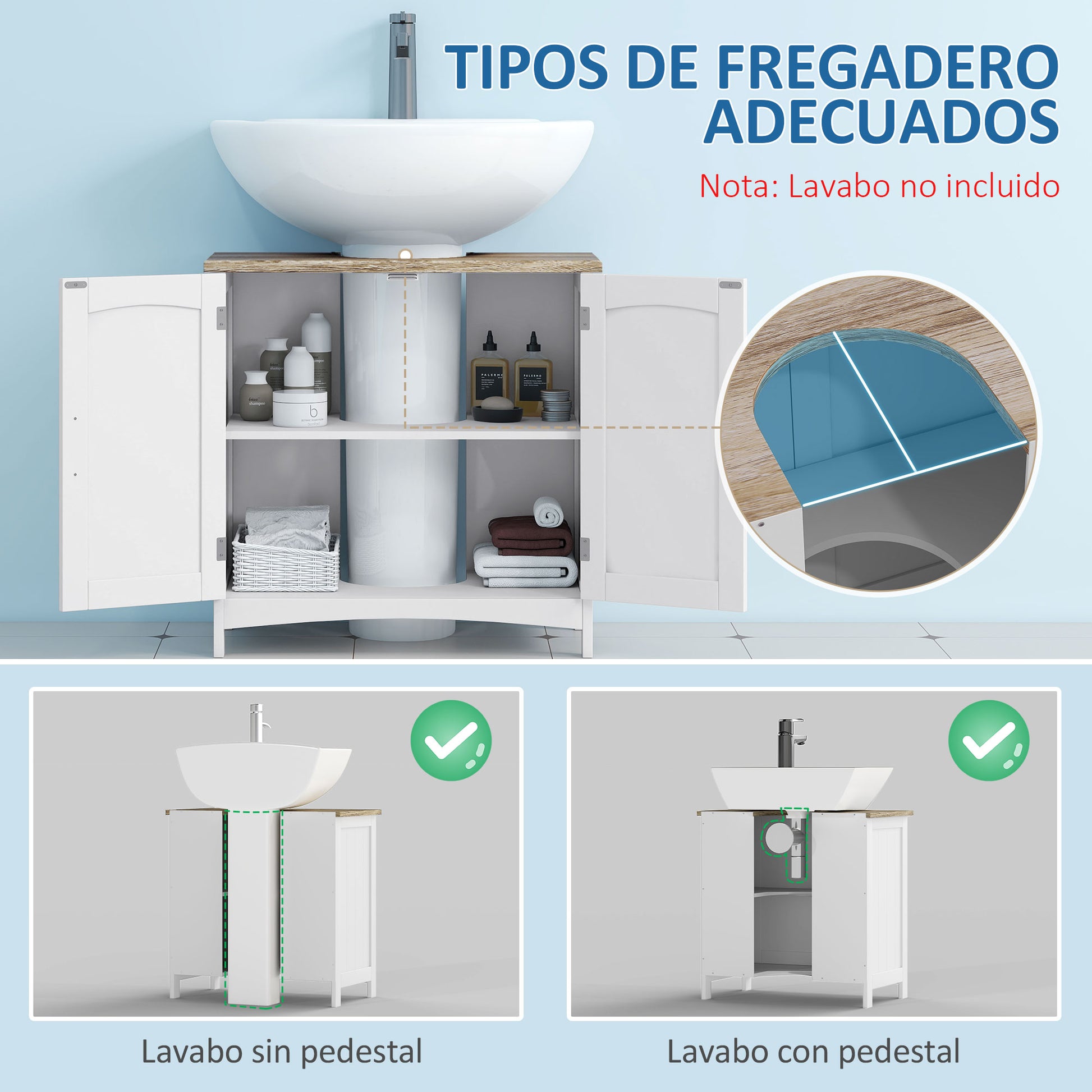 Under Sink Cabinet Bathroom Floor Cabinet with 2 Doors and Adjustable Interior Shelf Modern Style Load 40 kg 60x30x60 cm White