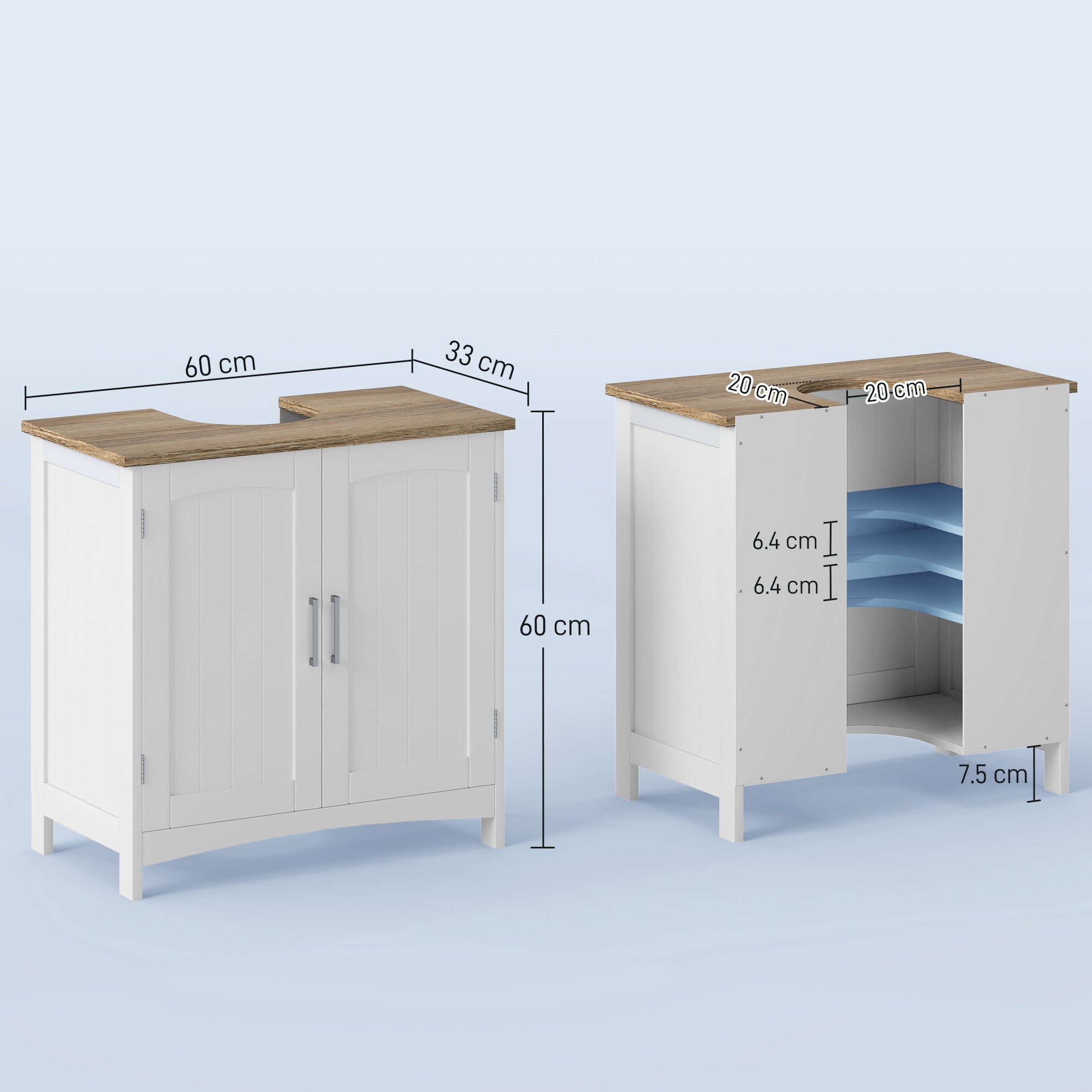 Under Sink Cabinet Bathroom Floor Cabinet with 2 Doors and Adjustable Interior Shelf Modern Style Load 40 kg 60x30x60 cm White