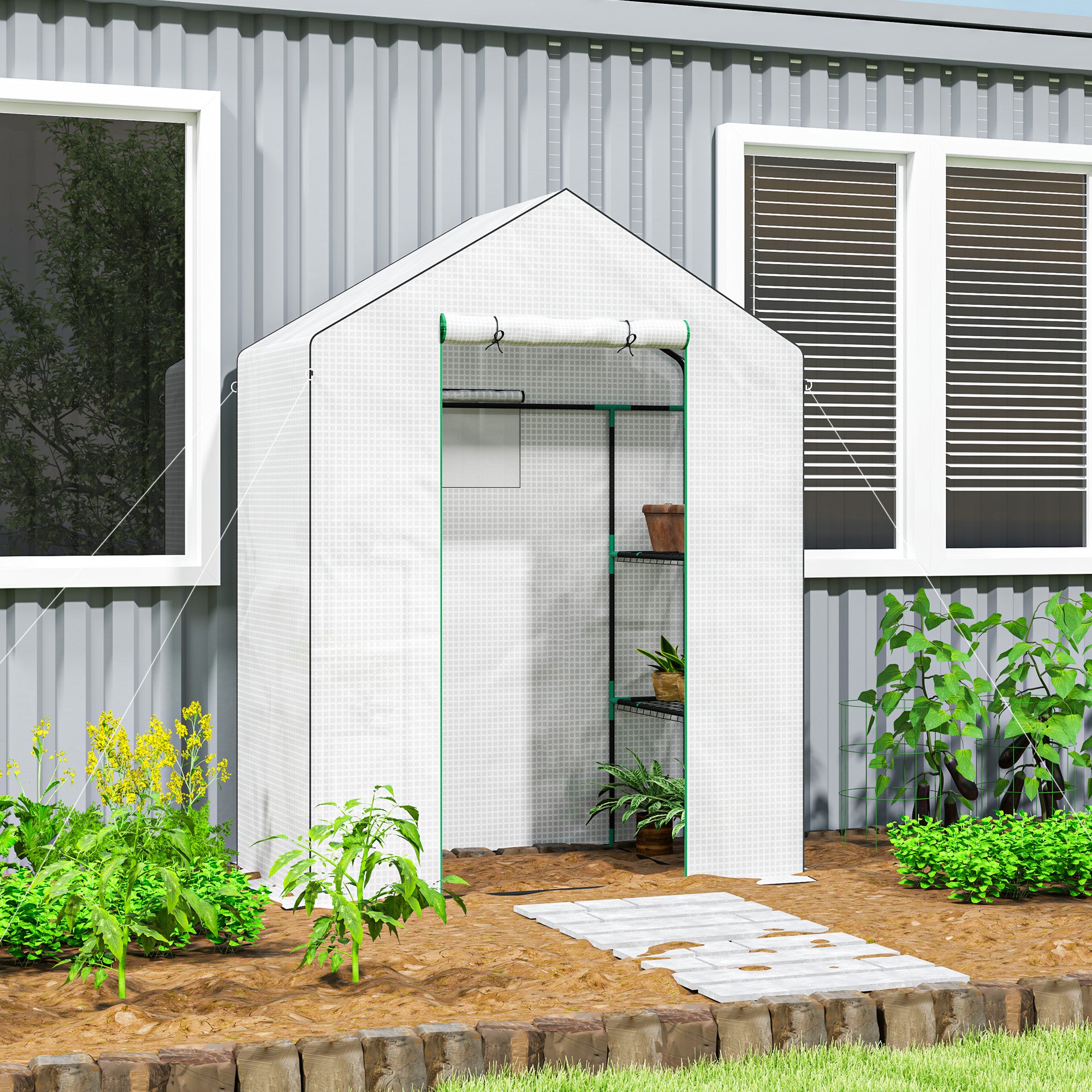 PE Garden Greenhouse with 3-Tier Shelves, Balcony Greenhouse, Reinforced 135 g/m² Tarpaulin, Steel Frame, Roll-Up Zippered Door, for Vegetables Plants Flowers, 140x73x190 cm, White