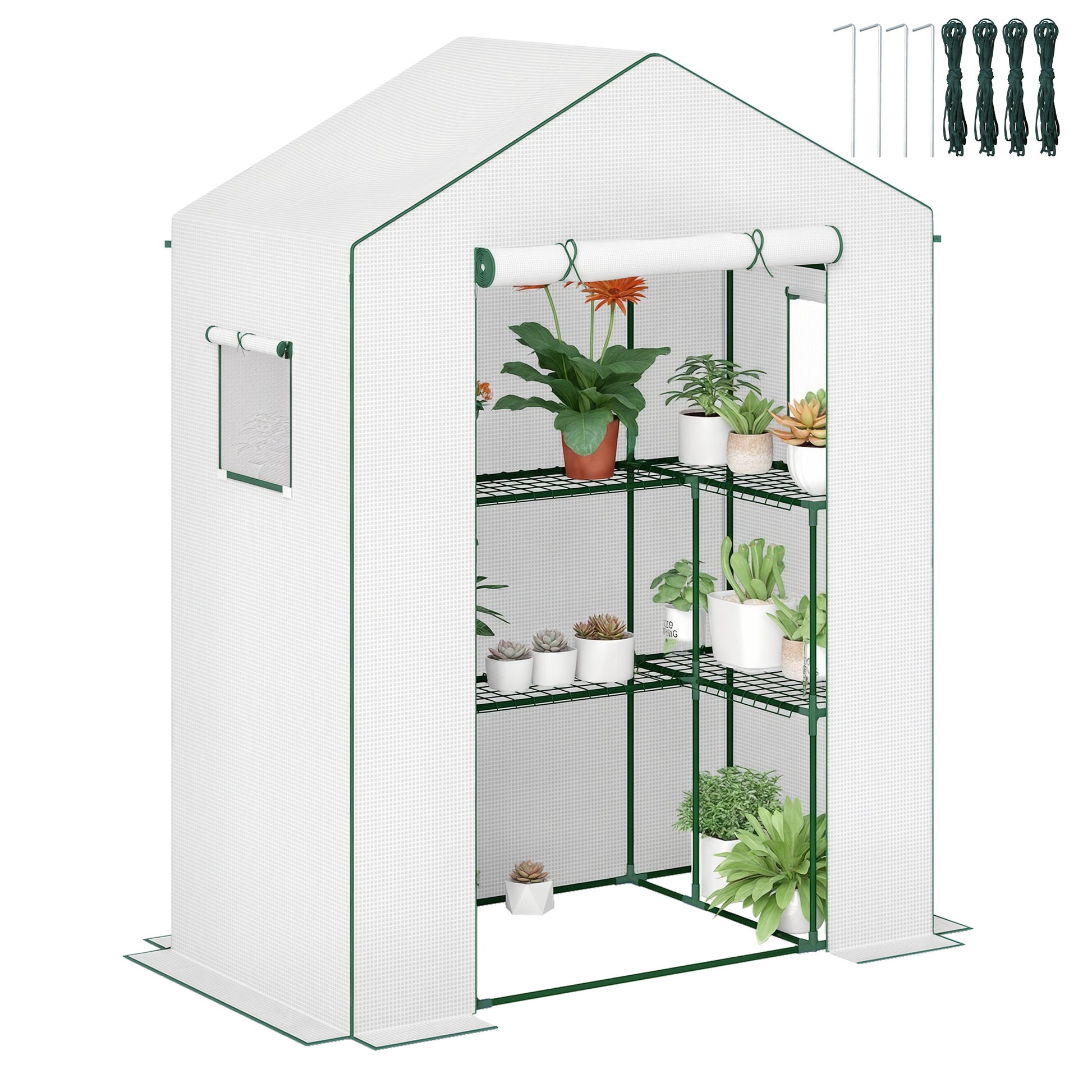 PE Garden Greenhouse with 3-Tier Shelves, Balcony Greenhouse, Reinforced 135 g/m² Tarpaulin, Steel Frame, Roll-Up Zippered Door, for Vegetables Plants Flowers, 140x73x190 cm, White
