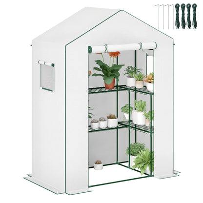 PE Garden Greenhouse with 3-Tier Shelves, Balcony Greenhouse, Reinforced 135 g/m² Tarpaulin, Steel Frame, Roll-Up Zippered Door, for Vegetables Plants Flowers, 140x73x190 cm, White