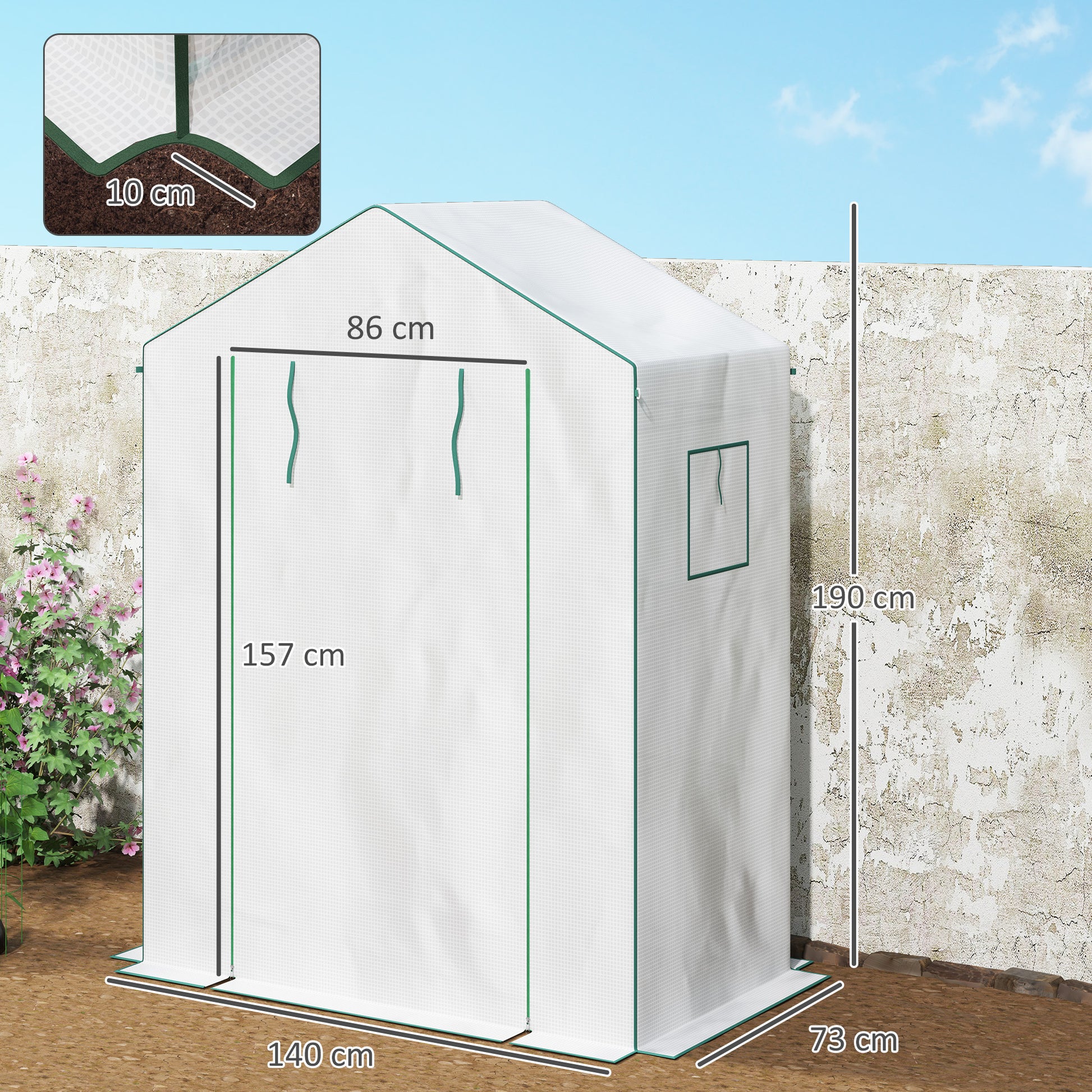 PE Garden Greenhouse with 3-Tier Shelves, Balcony Greenhouse, Reinforced 135 g/m² Tarpaulin, Steel Frame, Roll-Up Zippered Door, for Vegetables Plants Flowers, 140x73x190 cm, White