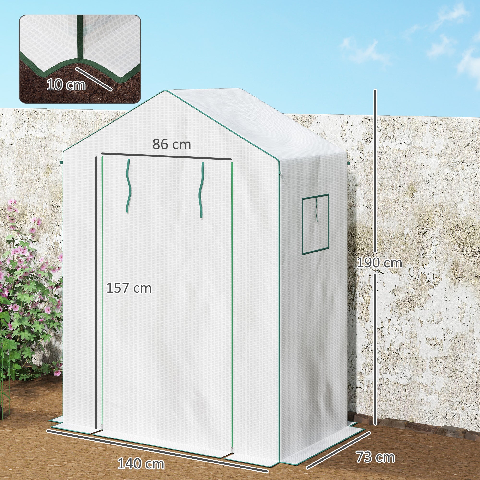 PE Garden Greenhouse with 3-Tier Shelves, Balcony Greenhouse, Reinforced 135 g/m² Tarpaulin, Steel Frame, Roll-Up Zippered Door, for Vegetables Plants Flowers, 140x73x190 cm, White