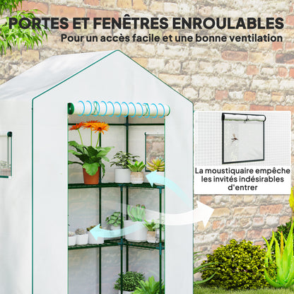 PE Garden Greenhouse with 3-Tier Shelves, Balcony Greenhouse, Reinforced 135 g/m² Tarpaulin, Steel Frame, Roll-Up Zippered Door, for Vegetables Plants Flowers, 140x73x190 cm, White