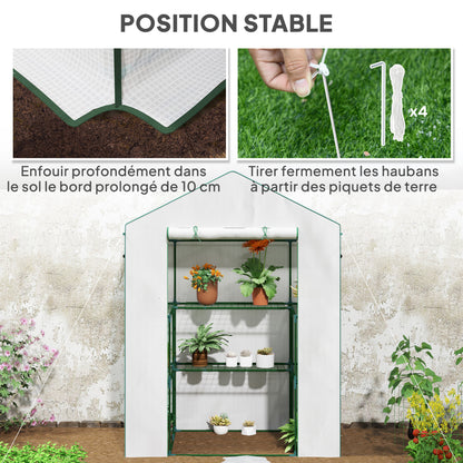 PE Garden Greenhouse with 3-Tier Shelves, Balcony Greenhouse, Reinforced 135 g/m² Tarpaulin, Steel Frame, Roll-Up Zippered Door, for Vegetables Plants Flowers, 140x73x190 cm, White