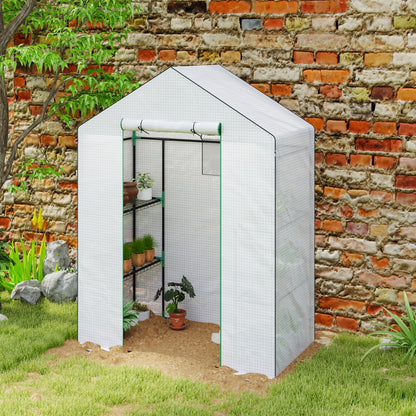 PE Garden Greenhouse with 3-Tier Shelves, Balcony Greenhouse, Reinforced 135 g/m² Tarpaulin, Steel Frame, Roll-Up Zippered Door, for Vegetables Plants Flowers, 140x73x190 cm, White