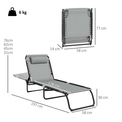 Folding Sun Lounger with 4-Position Adjustable Backrest and Head Cushion, Weather-Resistant Chaise Lounge for Camping, Garden, Beach & Pool — Light Gray, Up to 265 lb
