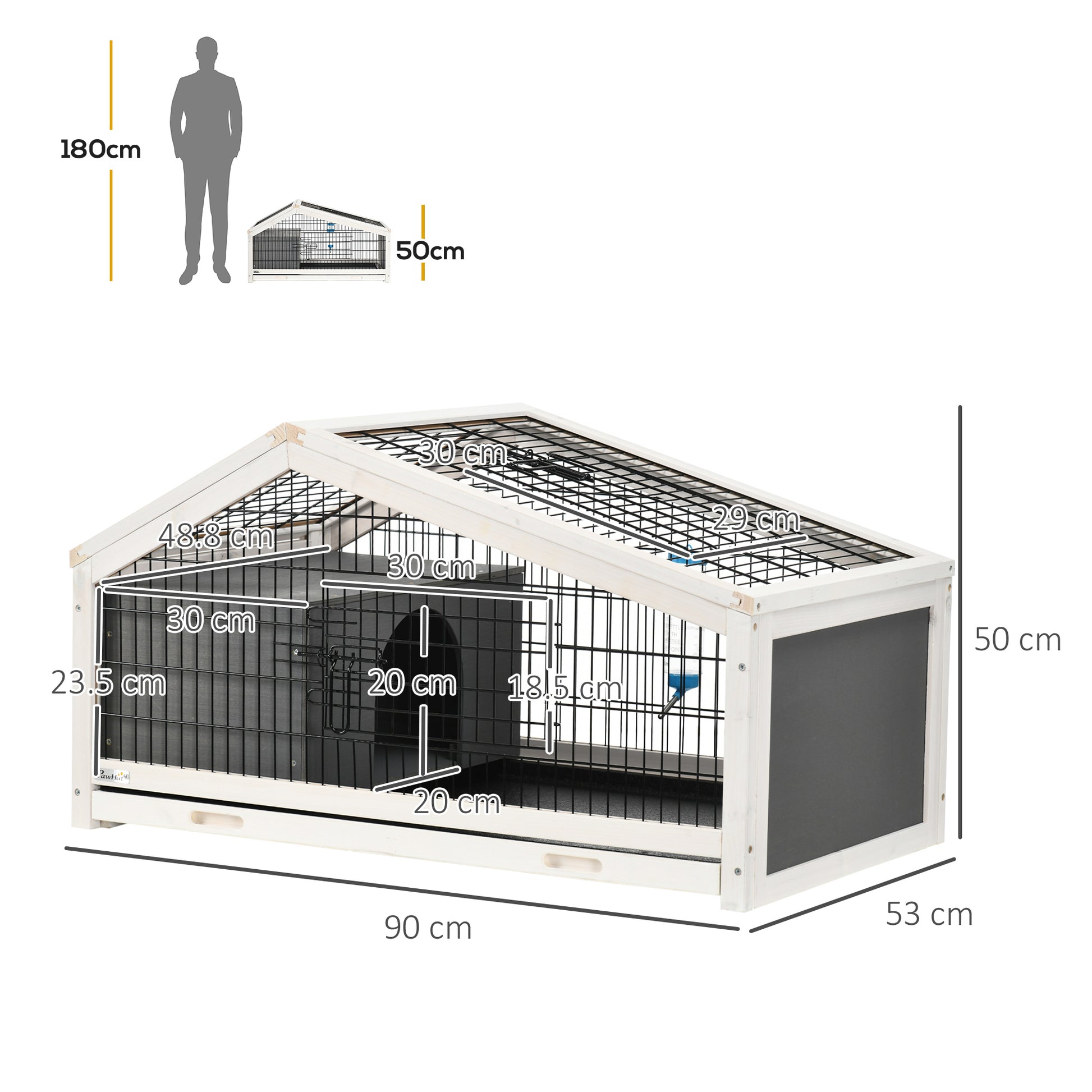 Wooden Rabbit Hutch with House and Open Area, Cage for 1 Rabbit with Removable Tray, 90x53x50cm, Dark Grey