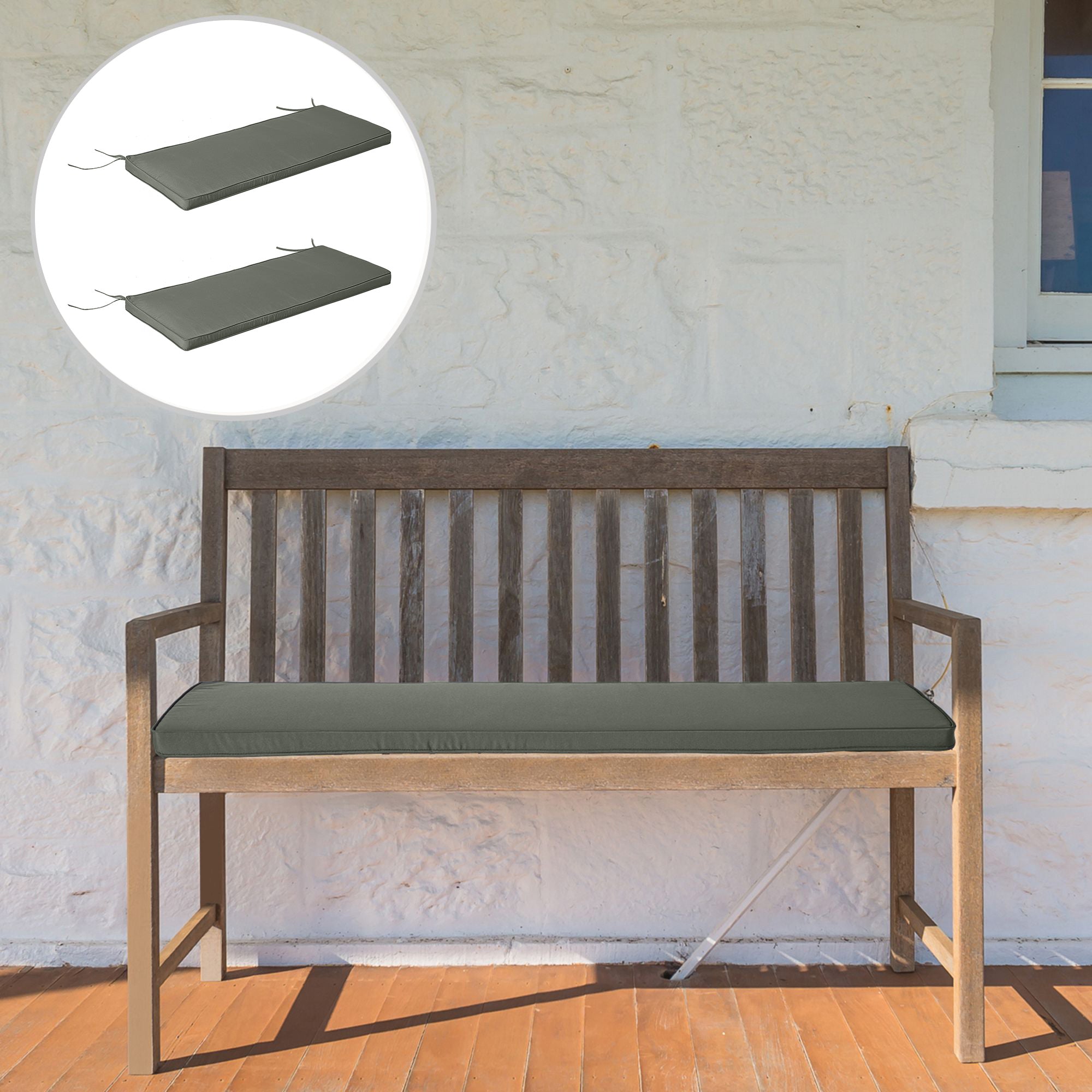 Removable Garden Bench Cushions - Swing Seat Cushions - Set of 2 - dim. 120L x 50W cm - 5 cm Padding - Tie Cords - Gray Polyester