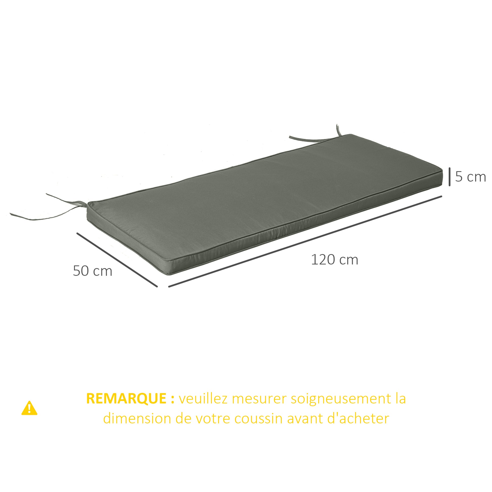 Removable Garden Bench Cushions - Swing Seat Cushions - Set of 2 - dim. 120L x 50W cm - 5 cm Padding - Tie Cords - Gray Polyester