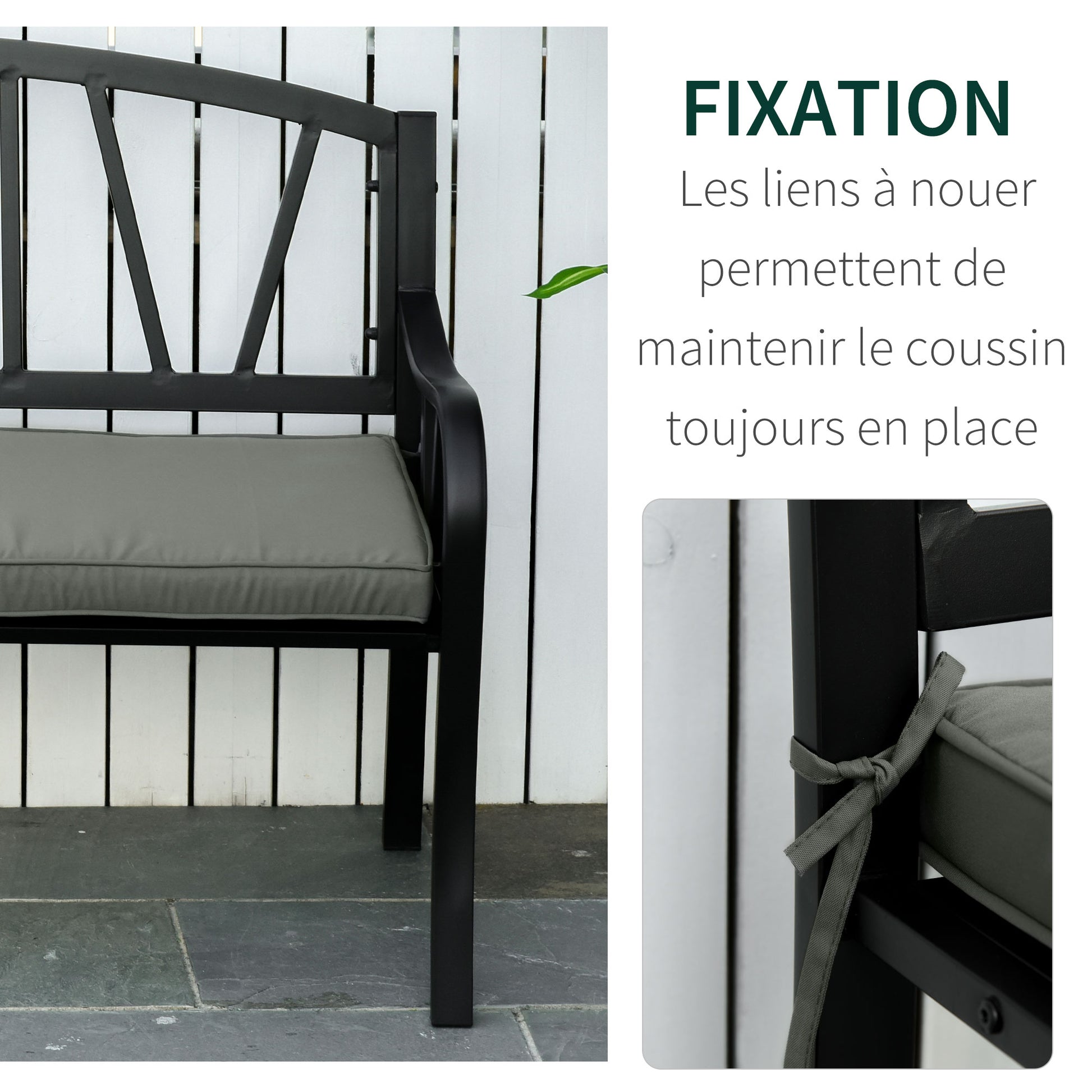 Removable Garden Bench Cushions - Swing Seat Cushions - Set of 2 - dim. 120L x 50W cm - 5 cm Padding - Tie Cords - Gray Polyester