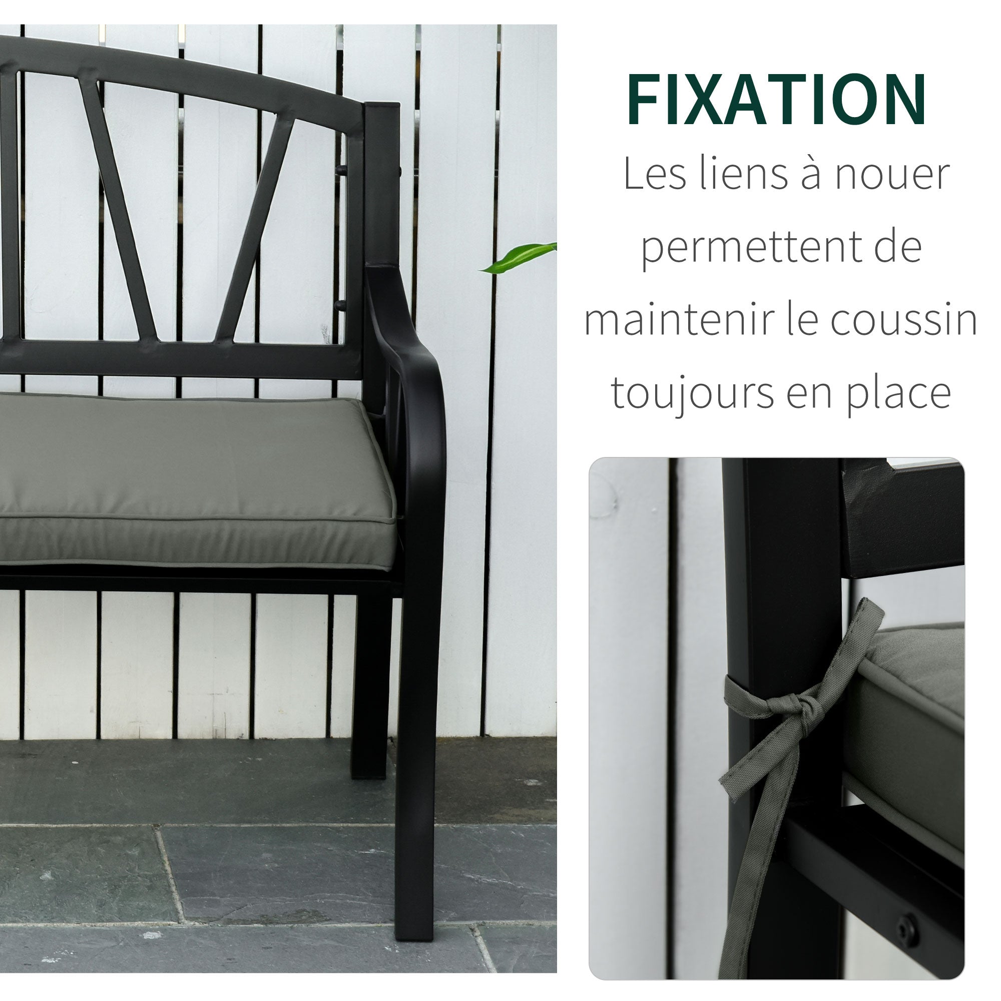 Removable Garden Bench Cushions - Swing Seat Cushions - Set of 2 - dim. 120L x 50W cm - 5 cm Padding - Tie Cords - Gray Polyester