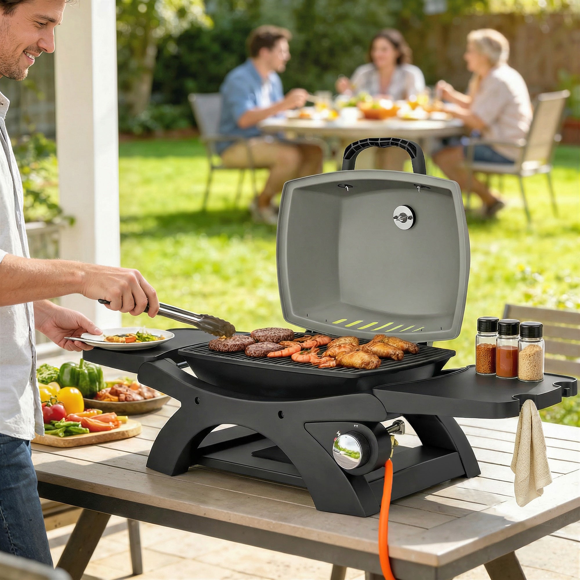 3.3 kW Portable Tabletop Gas Grill — 1 Burner, Foldable Side Shelves, Cast-Iron Grates, Removable Drip Tray & Thermometer — Patio & Balcony BBQ