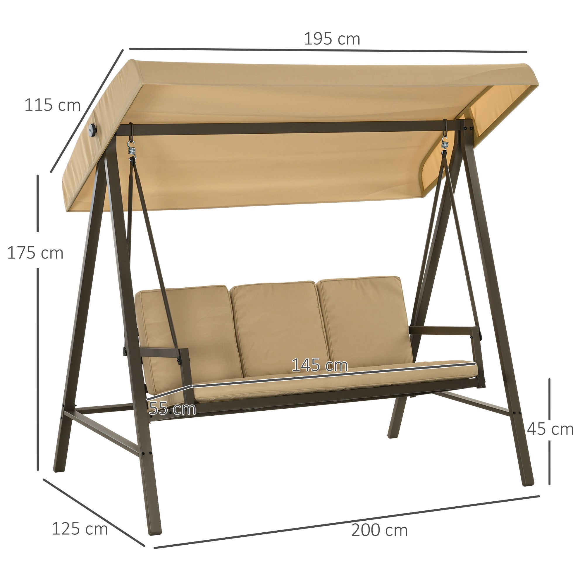 Hollywood Swing 3-Seater Swing Bench with Adjustable Roof, Swing Bench with Back Cushion, Garden Swing up to 360 kg Load Capacity, Beige, 200 x 125 x 175 cm