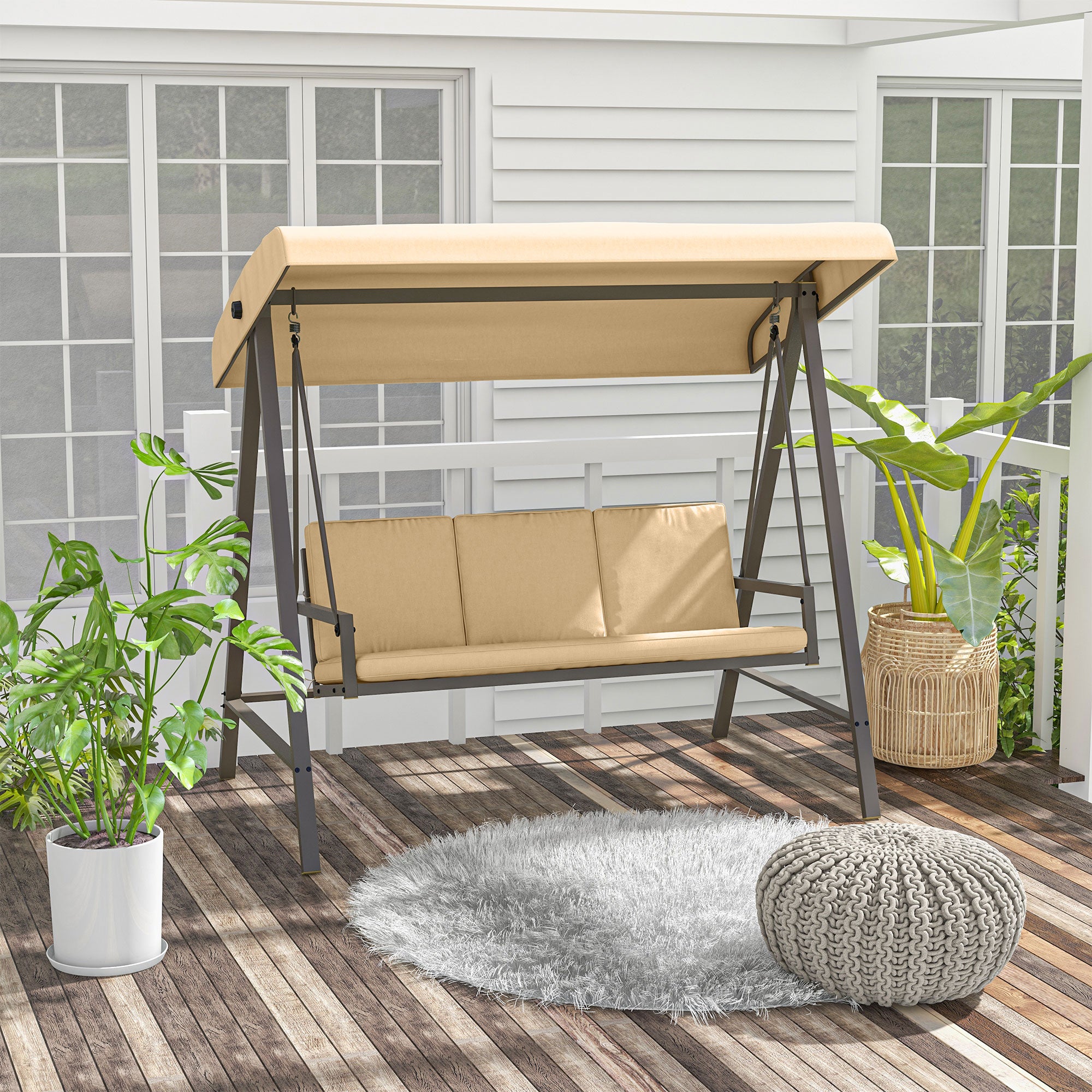 Hollywood Swing 3-Seater Swing Bench with Adjustable Roof, Swing Bench with Back Cushion, Garden Swing up to 360 kg Load Capacity, Beige, 200 x 125 x 175 cm