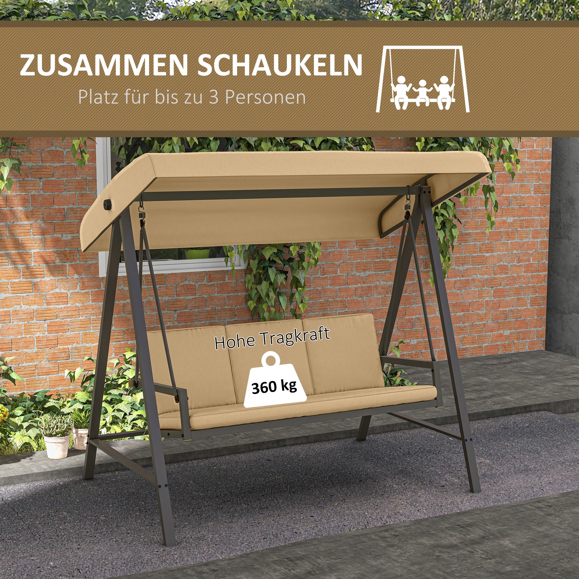 Hollywood Swing 3-Seater Swing Bench with Adjustable Roof, Swing Bench with Back Cushion, Garden Swing up to 360 kg Load Capacity, Beige, 200 x 125 x 175 cm