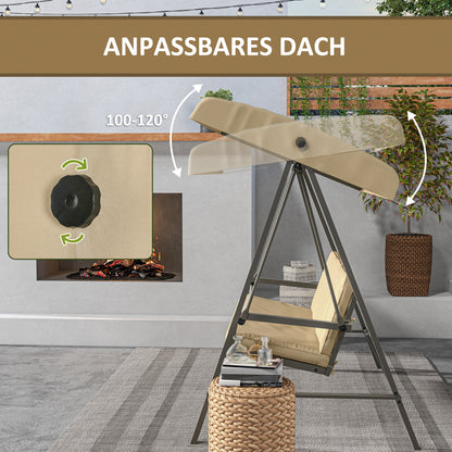 Hollywood Swing 3-Seater Swing Bench with Adjustable Roof, Swing Bench with Back Cushion, Garden Swing up to 360 kg Load Capacity, Beige, 200 x 125 x 175 cm