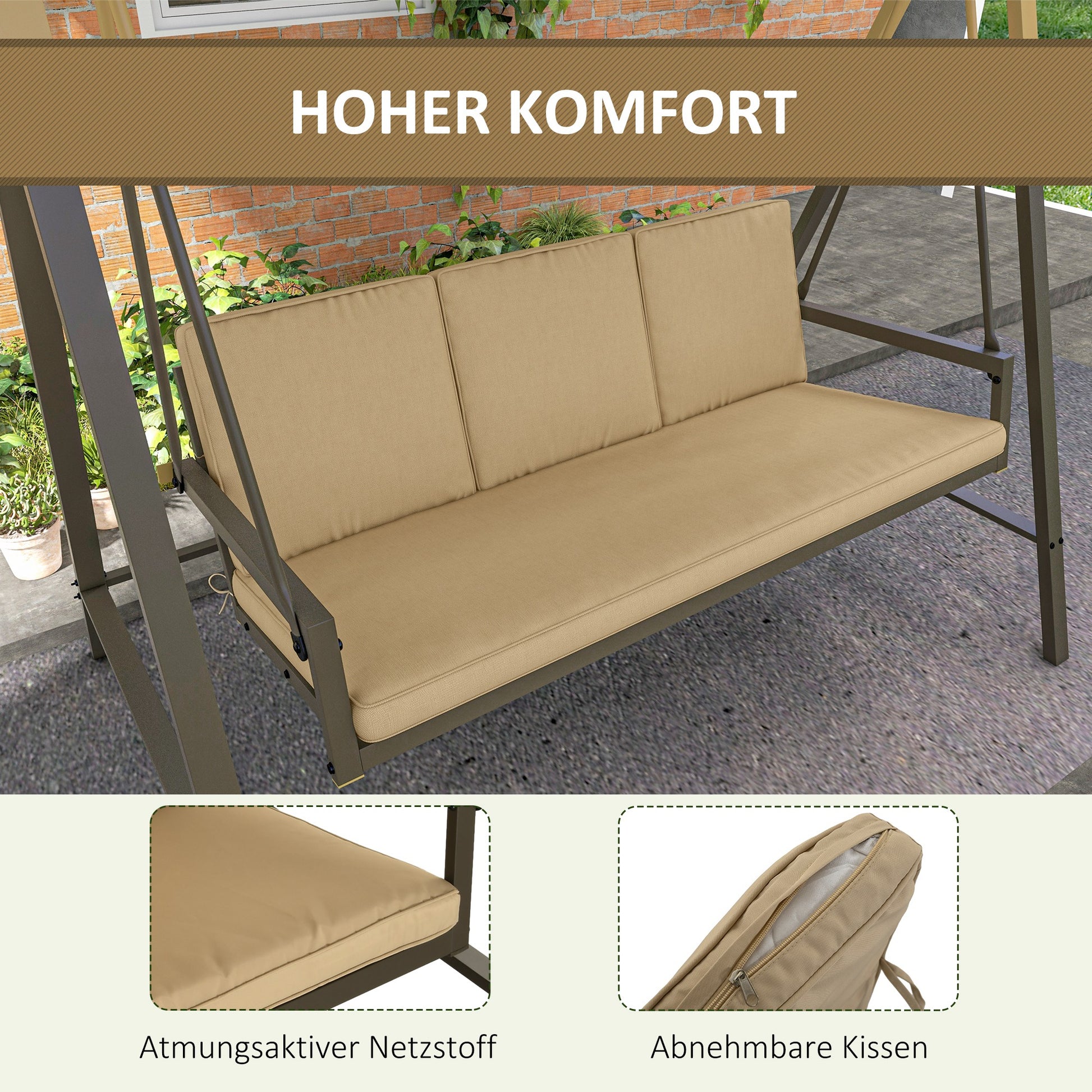 Hollywood Swing 3-Seater Swing Bench with Adjustable Roof, Swing Bench with Back Cushion, Garden Swing up to 360 kg Load Capacity, Beige, 200 x 125 x 175 cm