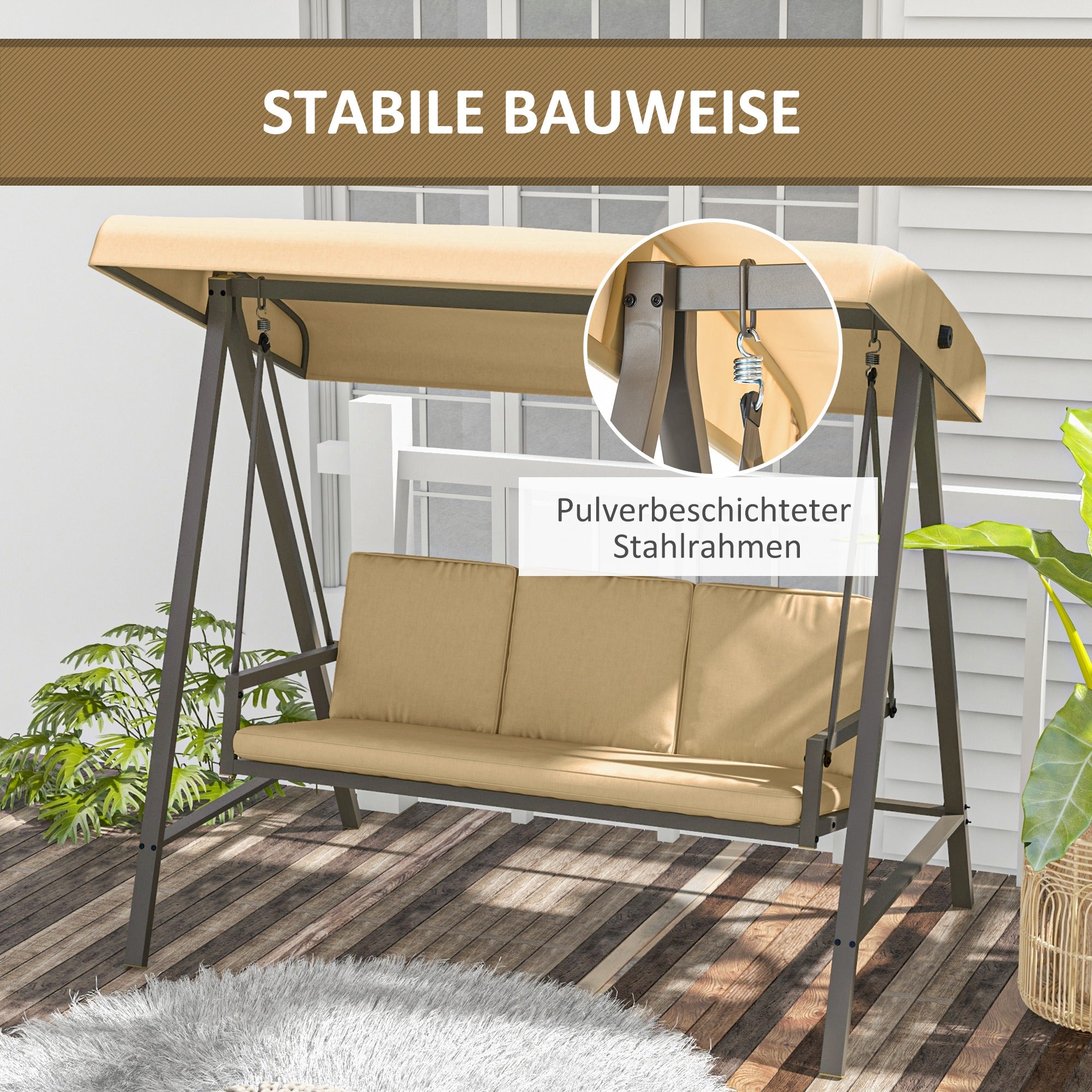 Hollywood Swing 3-Seater Swing Bench with Adjustable Roof, Swing Bench with Back Cushion, Garden Swing up to 360 kg Load Capacity, Beige, 200 x 125 x 175 cm