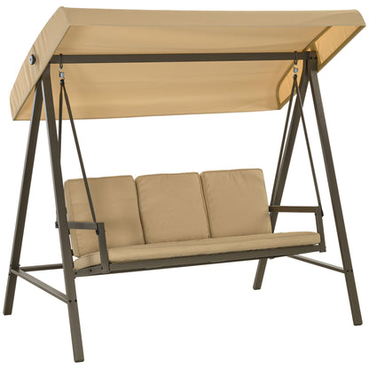Hollywood Swing 3-Seater Swing Bench with Adjustable Roof, Swing Bench with Back Cushion, Garden Swing up to 360 kg Load Capacity, Beige, 200 x 125 x 175 cm
