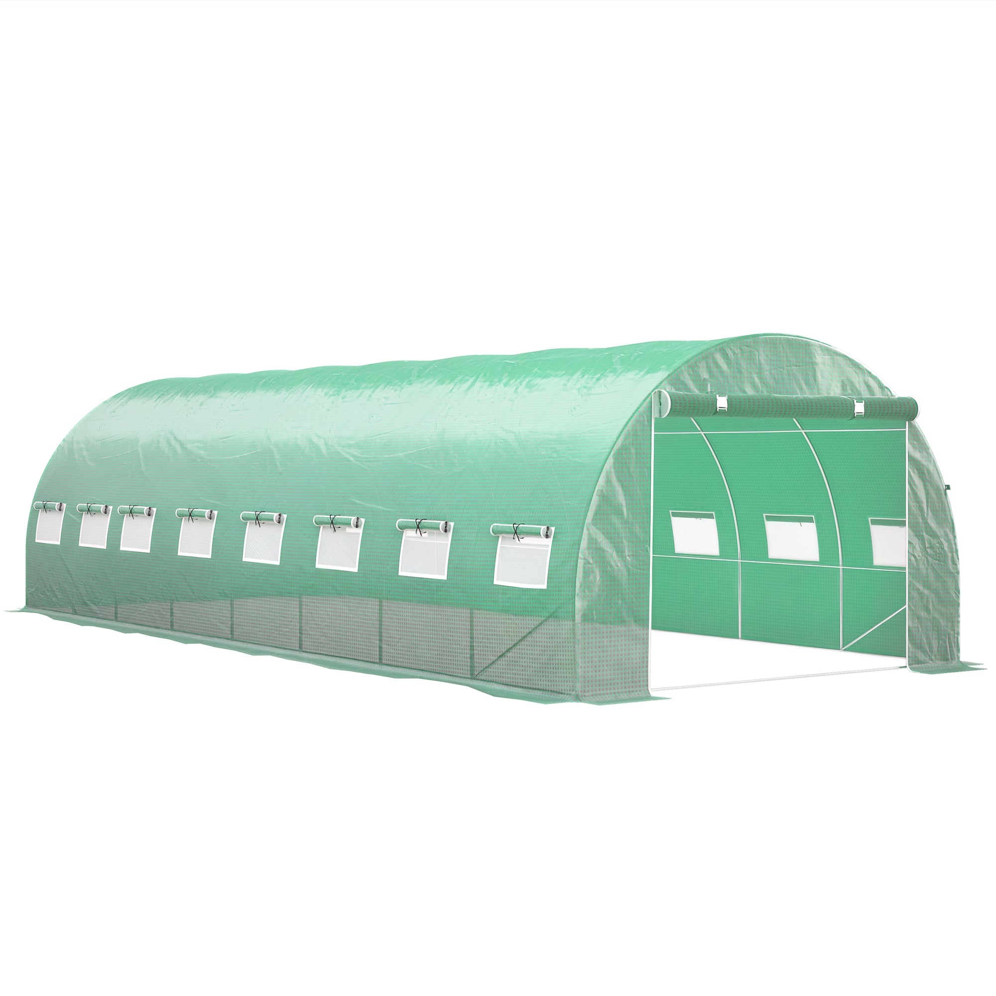 Garden Tunnel Greenhouse 24m² 8L x 3W x 2H m - 16 Windows, Roll-up Zippered Door - Galvanized Tubular Steel Frame, High Density PE Greenhouse cover