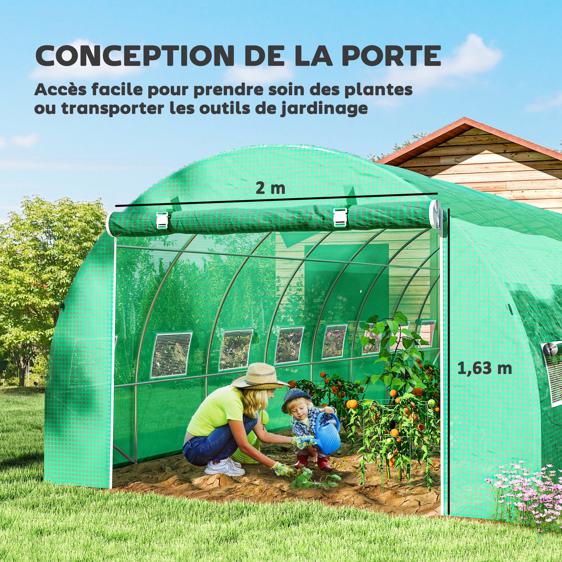 Garden Tunnel Greenhouse 24m² 8L x 3W x 2H m - 16 Windows, Roll-up Zippered Door - Galvanized Tubular Steel Frame, High Density PE Greenhouse cover