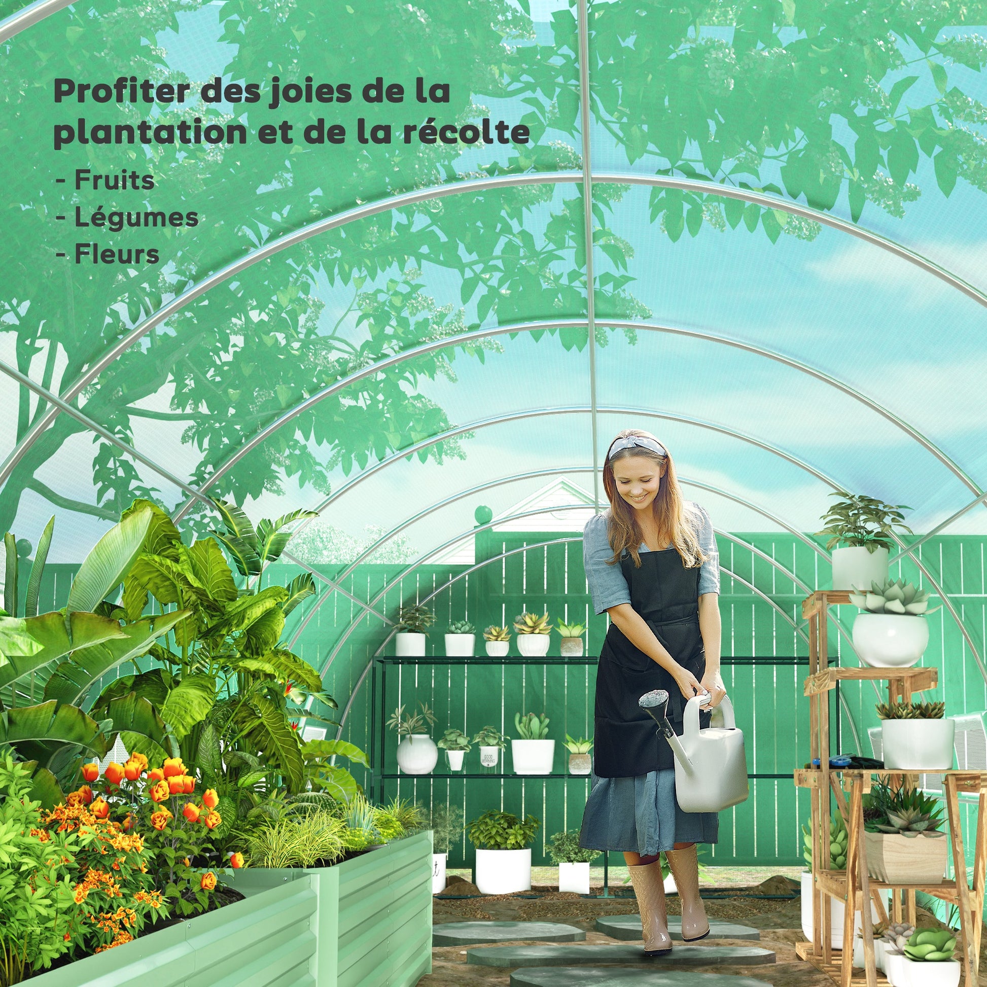 Garden Tunnel Greenhouse 24m² 8L x 3W x 2H m - 16 Windows, Roll-up Zippered Door - Galvanized Tubular Steel Frame, High Density PE Greenhouse cover