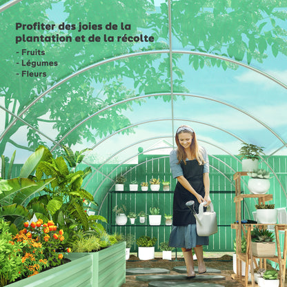 Garden Tunnel Greenhouse 24m² 8L x 3W x 2H m - 16 Windows, Roll-up Zippered Door - Galvanized Tubular Steel Frame, High Density PE Greenhouse cover