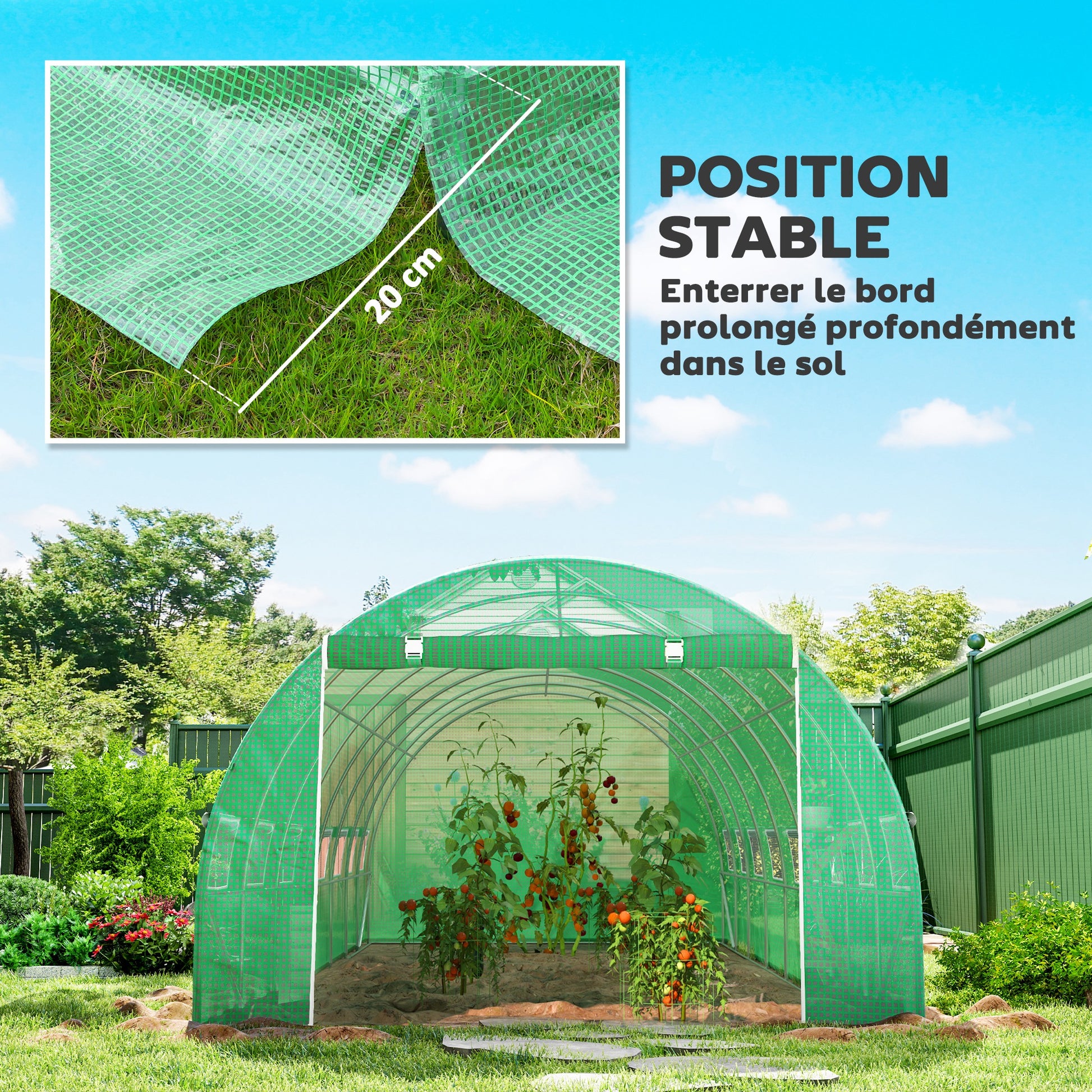 Garden Tunnel Greenhouse 24m² 8L x 3W x 2H m - 16 Windows, Roll-up Zippered Door - Galvanized Tubular Steel Frame, High Density PE Greenhouse cover