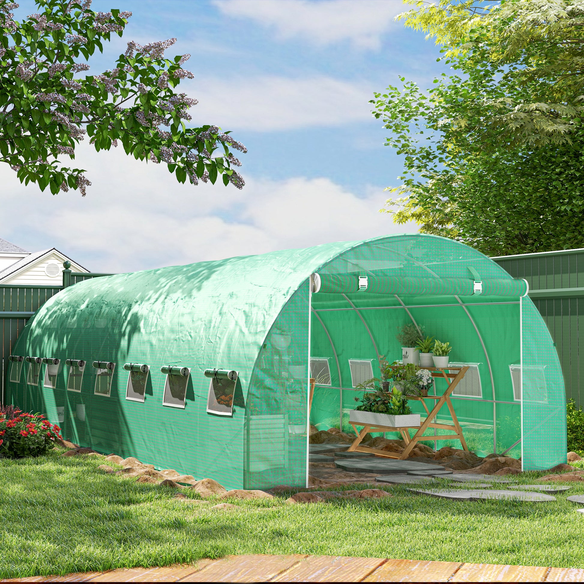 Garden Tunnel Greenhouse 24m² 8L x 3W x 2H m - 16 Windows, Roll-up Zippered Door - Galvanized Tubular Steel Frame, High Density PE Greenhouse cover