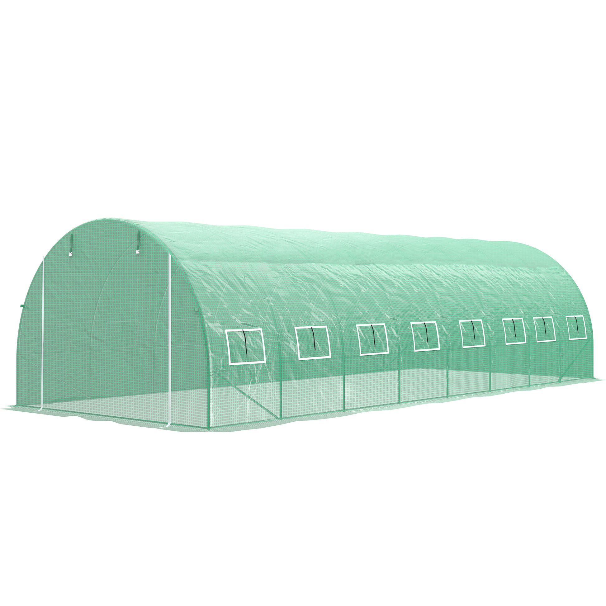 Garden Tunnel Greenhouse 24m² 8L x 3W x 2H m - 16 Windows, Roll-up Zippered Door - Galvanized Tubular Steel Frame, High Density PE Greenhouse cover
